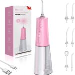 Water Flosser Teeth Pick: 5 Modes Cordless Water Dental Floss 300ML Portable Rechargeable IPX7 Waterproof Electric Water Flossing Cleaning Picks with 6 Jet Tips Oral Irrigator Cleaner, Pink