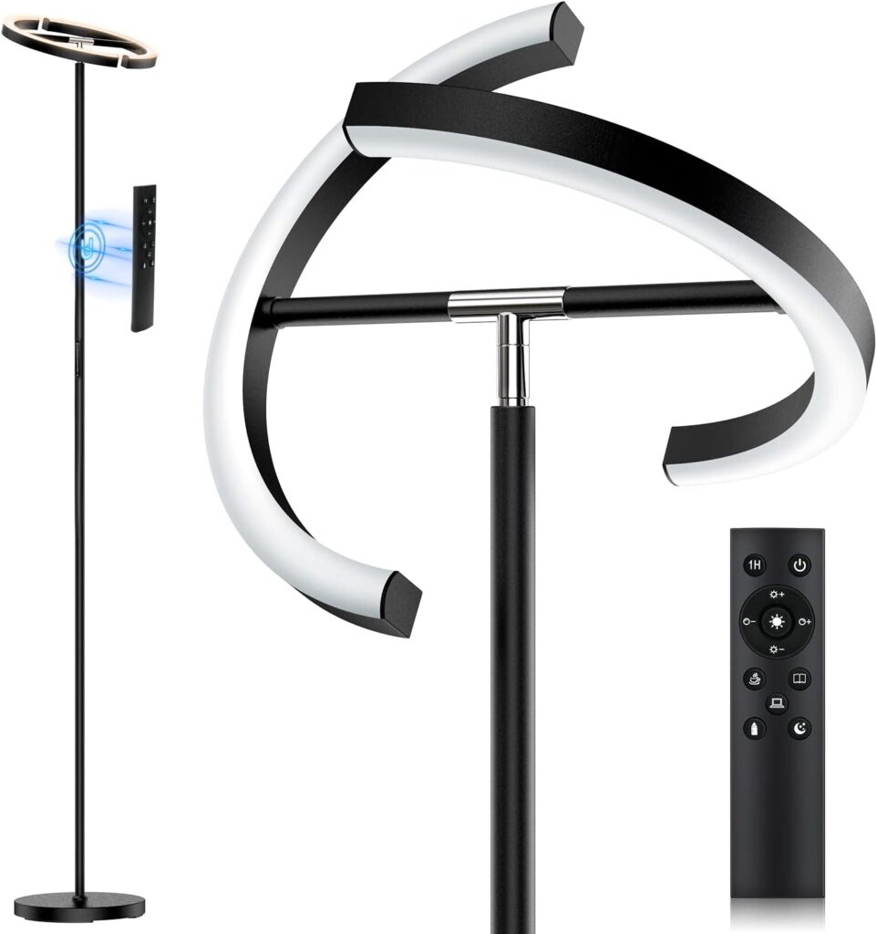 LED Floor Lamp – Rotatable Standing Lamp with Touch & Remote Control, 3000-6000K, 22W Modern Floor Reading Light, Dimmable Corner Uplighter for Living Room Bedroom Office, Black