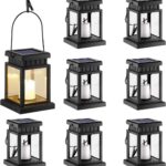 GIGALUMI 8 Pack Solar Hanging Lantern Outdoor, Candle Effect Light with Stakes for Garden, Patio, Lawn, Deck, Umbrella, Tent, Tree, Yard, Driveway-Warm White