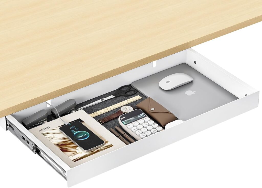 20.1 inch Under Desk Drawer, Pull-Out Storage Organizer with Full Extension Ball-Bearing Slides, Carbon Steel Undermount Drawer for Home Office Standing Desk