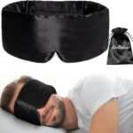 100% Natural Silk Eye Mask for Women Men, Soft Pressureless Cooling Blackout Eye Covers for Sleeping, Large Size Sleep Mask fits All Heads Adjustable, 1PC, Black