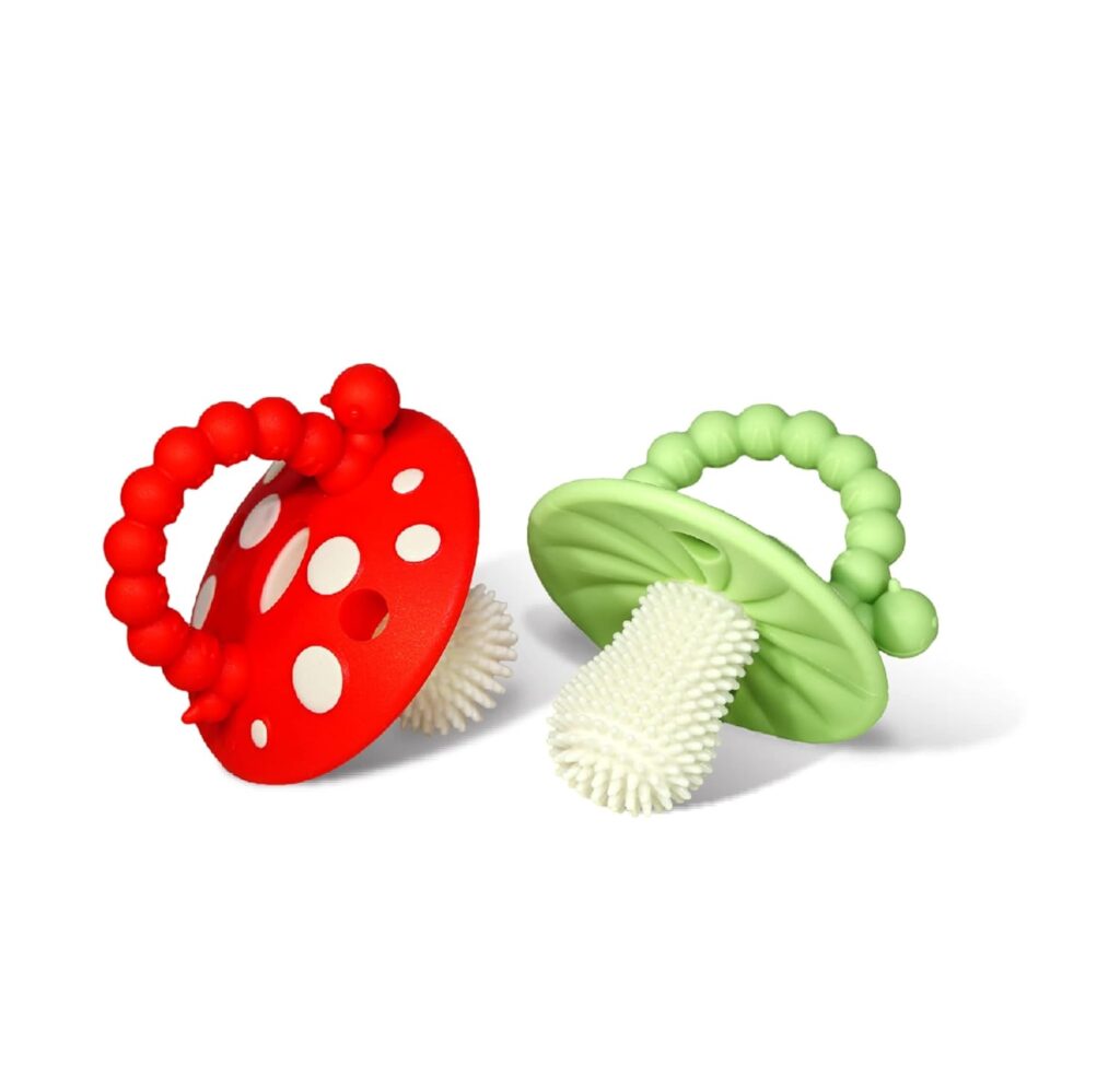 RaZbaby Soft Silicone Infant & Baby 3M+ Teether Toy Massaging Bristles Teething Relief Pacifier – Soothes Sore Gums – Hands-Free & Easy-to-Hold Chompy Teether, BPA Free (RED/Green)