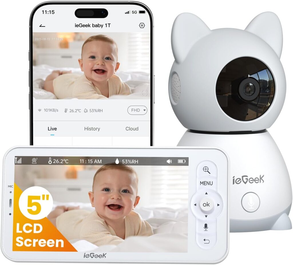 ieGeek Baby Monitor with 5″ HD Screen, 2K Camera & Night Vision – WiFi/No-WiFi Dual Mode, PTZ, Cry/Motion Detection, 2-Way Audio, Temp/Humidity Sensor, Auto Tracking, Secure App & Remote Contro