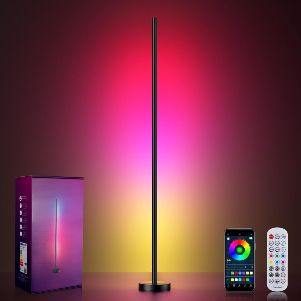Smart RGBICW LED Corner Floor Lamp – 16 Million DIY Colors, 68+ Scenes, Music Sync, App & Remote Control, Color-Changing Ambient Lighting for Living Rooms, Bedrooms, and Gaming Rooms