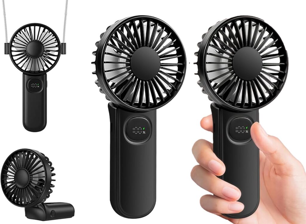 [2-packs Portable Handheld Fan] Personal Hand Held Fan for Travel, Foldable Eyelash Neck Fan with Digital Display, Lanyard, 5 Speeds, 180° Adjustable, 3-12h Working Time, Rechargeable Battery Operated