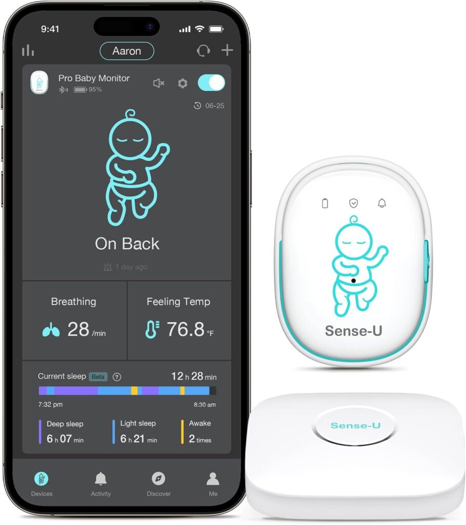 Sense-U Pro Baby Monitor(Long Range) – Tracks Breathing Movement, Rollover & Temperature Anywhere for Better Sleep, Simple Clip-On Smart Tracker with Arousal Vibration, Audible Alerts & Sleep Analysis