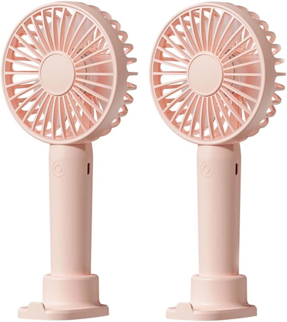 Portable Handheld Fan 2 Pack, USB Rechargeable Mini Fan, Ultra Quiet, 3 Speeds with Phone Holder Base, All Day Battery for Outdoor Indoor (Pink)