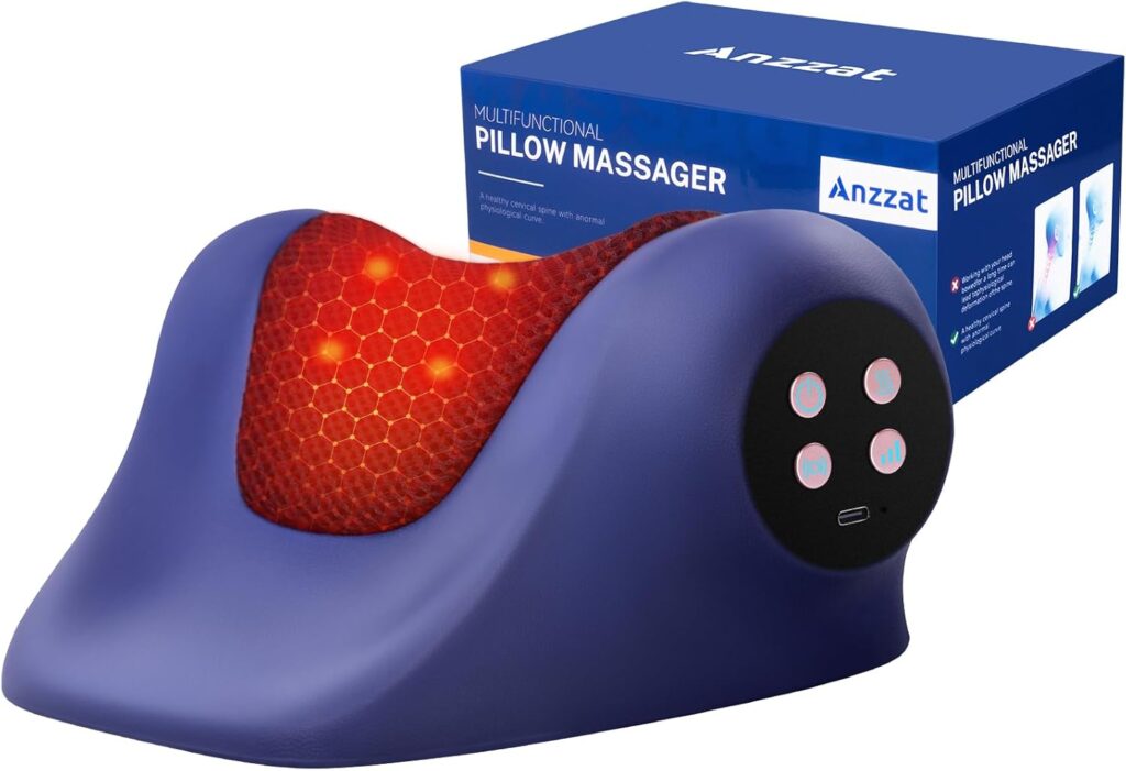 Anzzat Portable Neck Massager with Heat, Neck Stretcher for Pain Relief,3 Adjustable Modes Cordless Neck Massager Pillow Cervical Traction Device for Relieve Muscle Tension(Blue)