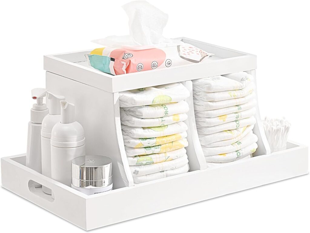 Diaper Caddy Organizer, Changing Table Organizer, Wooden Diaper Organizer for Nursery, Baby Diaper Storage Organizer with Removable Dividers (White, Rectangular Size)