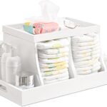Diaper Caddy Organizer, Changing Table Organizer, Wooden Diaper Organizer for Nursery, Baby Diaper Storage Organizer with Removable Dividers (White, Rectangular Size)