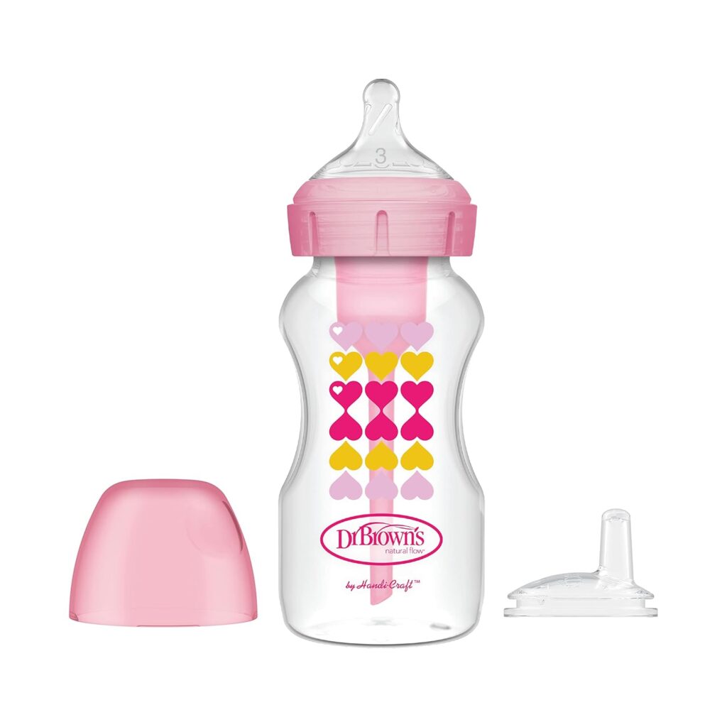 Dr. Brown’s Anti-Colic Options+ Wide-Neck Sippy Bottle Starter Kit, 9oz/270mL, with Level 3 Medium-Fast Flow Nipple and Soft 100% Silicone Sippy Spout, Pink, BPA Free, 6m+