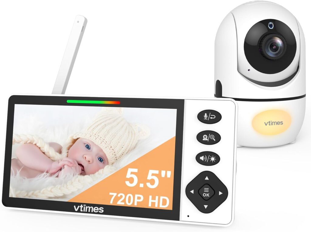 Baby Monitor with Camera and Audio, 5.5″ 720P HD Screen Video Baby Monitor No WiFi VOX Mode Pan-Tilt-Zoom Alarm and 1000ft Range, Night Vision and Night Light, Ideal for Baby/Elderly/Pet