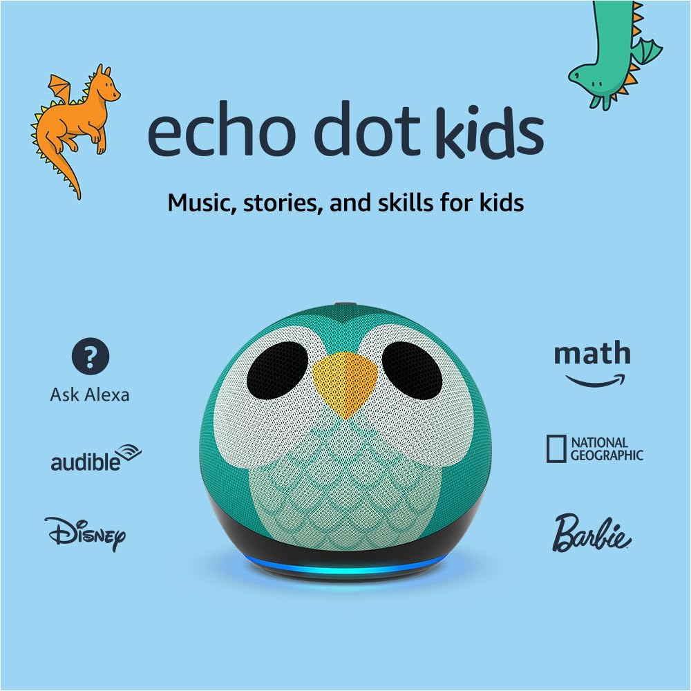 Amazon Echo Dot Kids with Alexa (newest model), Designed for kids, with parental controls, Includes 1 Year of Amazon Kids+, Owl