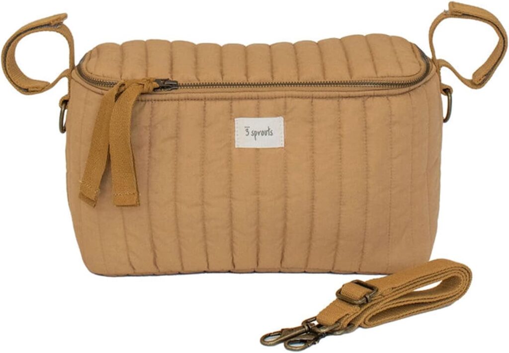 3 Sprouts Universal Quilted Stroller Organizer with Cup Holder and Zip Top – Durable Stroller Caddy Accessory with Storage – Shoulder Strap Converts Organizer to Small Diaper Bag, Mustard