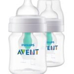 Philips Avent Anti-Colic Baby Bottle with AirFree Vent, 4oz, with Flow 1 Nipples, 0m+, 2pk, Clear, SCY701/92