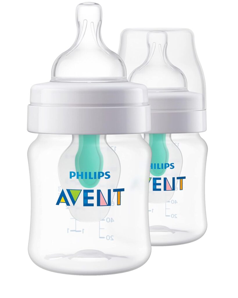 Philips Avent Anti-Colic Baby Bottle with AirFree Vent, 4oz, with Flow 1 Nipples, 0m+, 2pk, Clear, SCY701/92