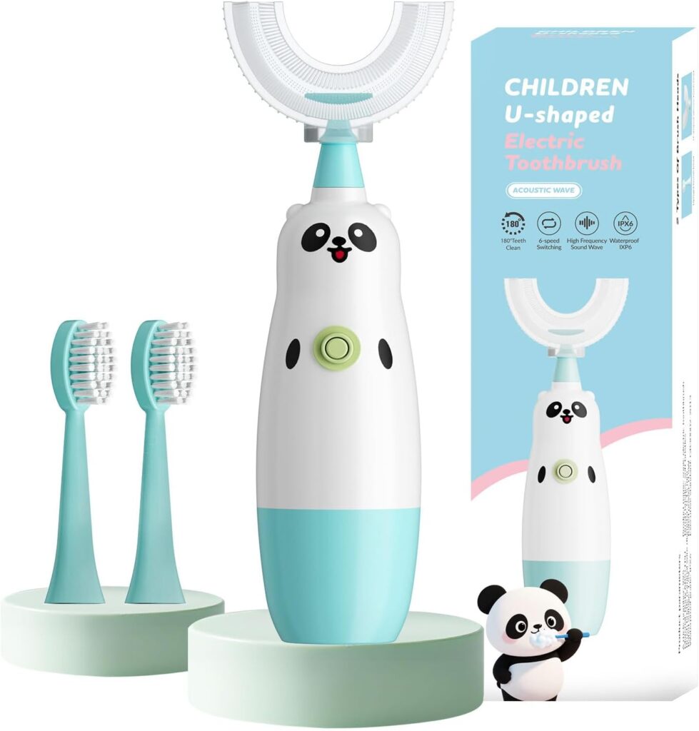 Kids U-Shaped Electric Toothbrush with 2 Brush Heads, Toddlers Sonic with 360 Degree Cleaning, Soft Bristles, Battery Included, IPX7 Waterproof, Cute cartoon for Girls and Boys, Ages 8-13 (Blue)