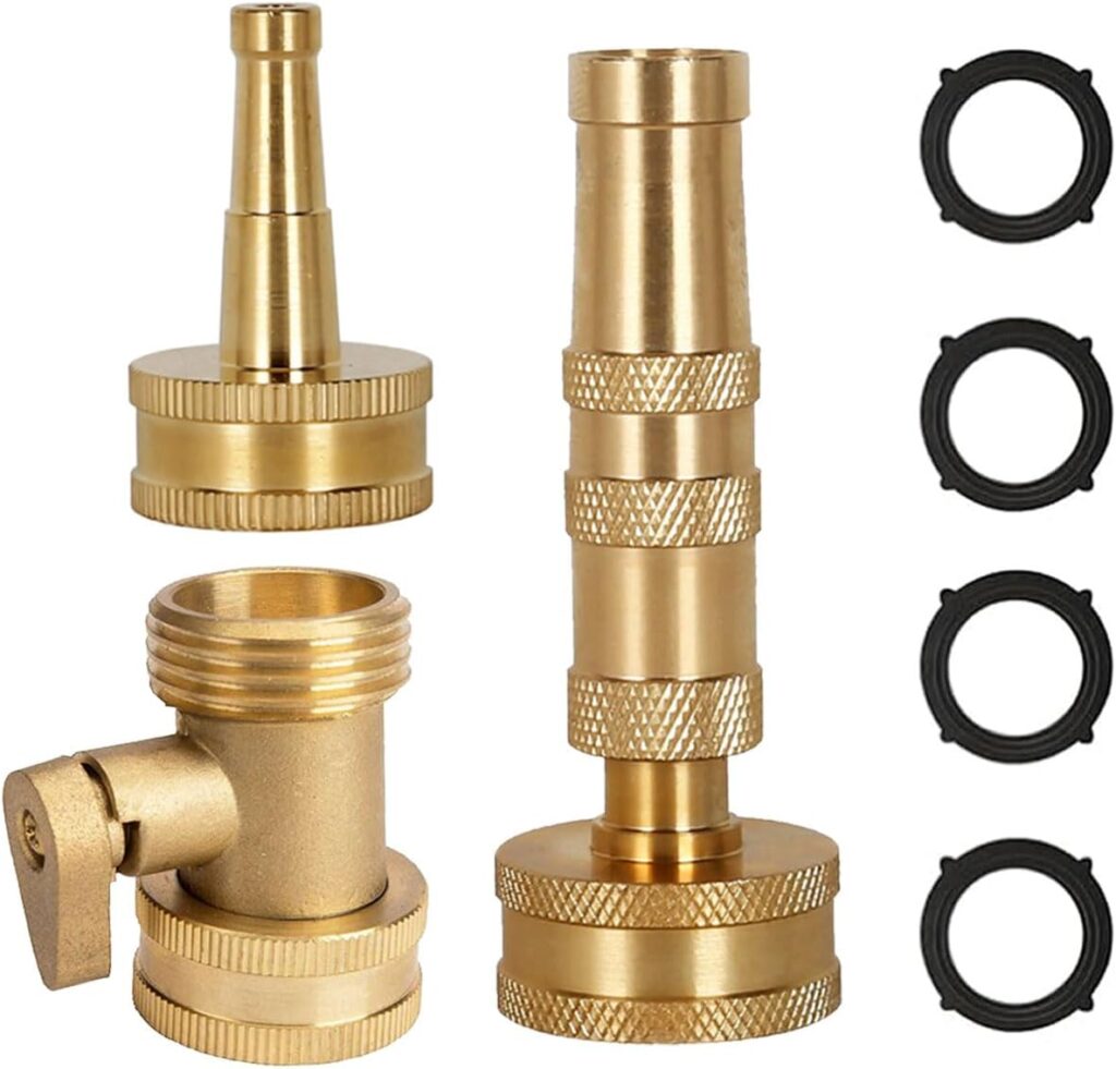 Heavy-Duty Brass Garden Hose Nozzle High Pressure 3 Pack Set with Adjustable Spray & Valve Control for Gardens, Lawns, Car Cleaning, and Patios Includes 3 Extra Anti-Leak Gaskets