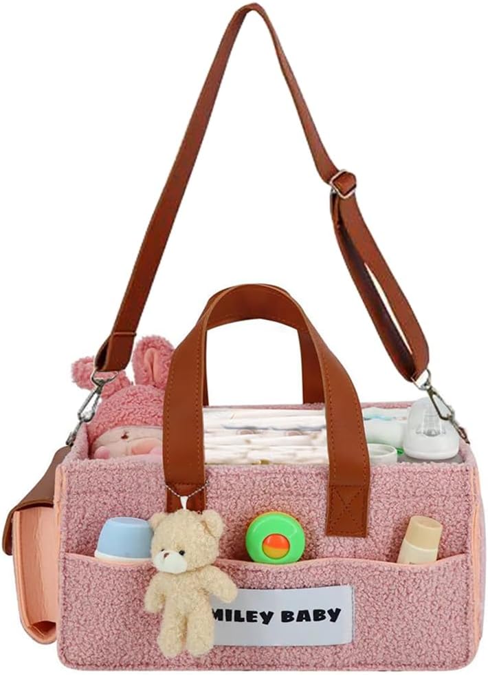 SMILEY BABY Nappy Caddy Organizer, Newborn Essentials & Car Diaper Caddy, Portable Nursery Storage Basket with Detachable Compartments, Baby Shower Gifts and Registry Must Haves for Boy or Girl