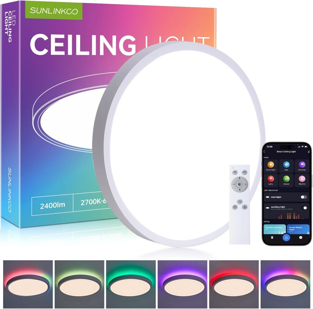 12 Inch Flush Mount Ceiling Light, Smart RGB+IC LED 2400LM Dimmable Ceiling Lamp with APP & Remote Control, 2700K-6500K Color Changeable Light for Bedroom Living Room, Works with Alexa & Google Home