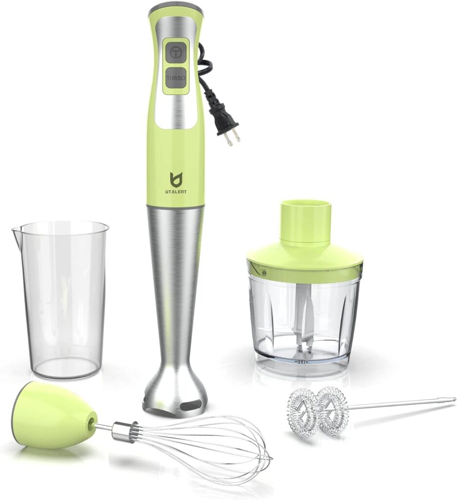 Immersion Hand Blender, UTALENT 5-in-1 8-Speed Stick Blender with 500ml Food Grinder, BPA-Free, 600ml Container,Milk Frother,Egg Whisk,Puree Infant Food, Smoothies, Sauces and Soups – Green