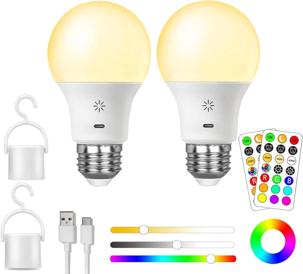 LED Rechargeable Light Bulbs with Remote & Touch Dimmable, E26 Battery Operated Light Bulb for Lamps, RGB 12 Colors, 2600mAh USB Battery Backup Light Bulb with Timer, A19 Small Light Bulbs 2 Pack