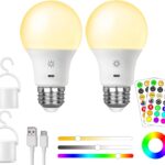 LED Rechargeable Light Bulbs with Remote ＆ Touch Dimmable, E26 Battery Operated Light Bulb for Lamps, RGB 12 Colors, 2600mAh USB Battery Backup Light Bulb with Timer, A19 Small Light Bulbs 2 Pack