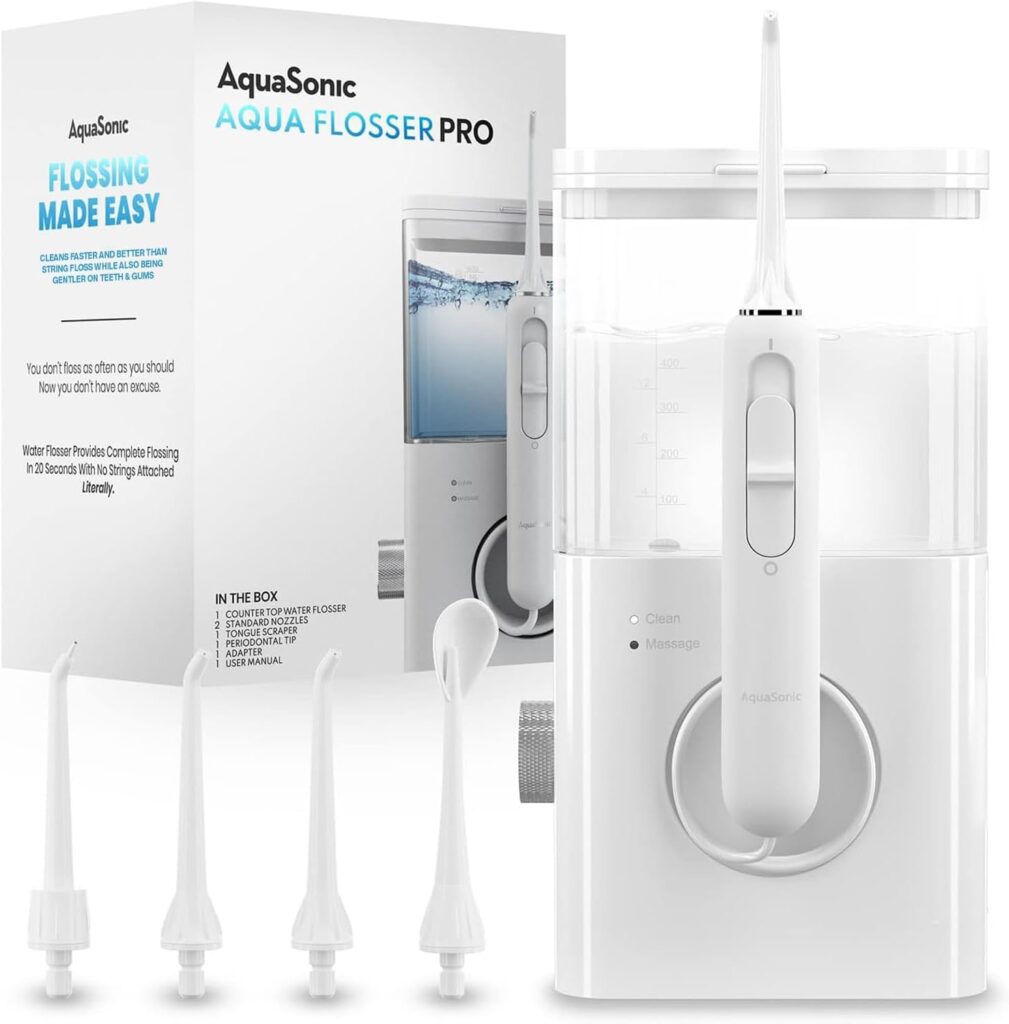 AquaSonic Aqua Flosser PRO | Professional Water Flosser with Large Capacity Reservoir | Oral Irrigator w/ 2 Modes, 10 Levels of Water Pressure, 4 Included Tips | Sleek & Compact | Dentist Recommended