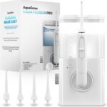 AquaSonic Aqua Flosser PRO | Professional Water Flosser with Large Capacity Reservoir | Oral Irrigator w/ 2 Modes, 10 Levels of Water Pressure, 4 Included Tips | Sleek & Compact | Dentist Recommended