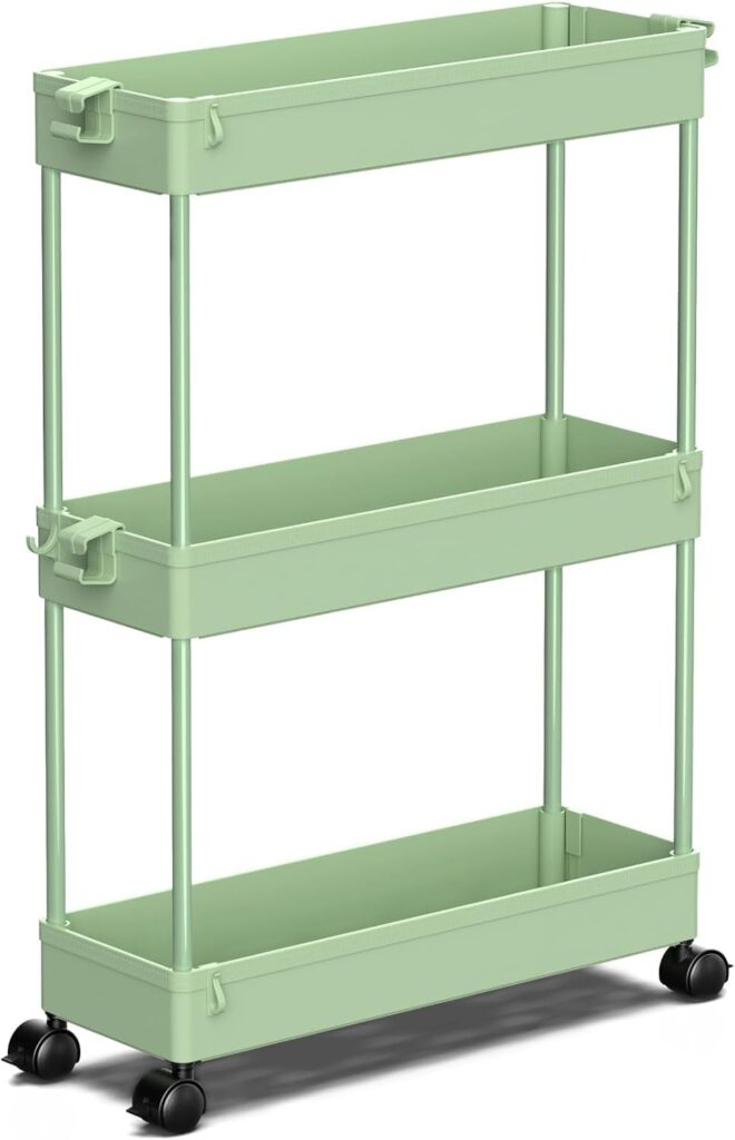 SPACEKEEPER Slim Rolling Storage Cart, 3 Tier Bathroom Organizer Utility Cart Laundry Room Organization Mobile Shelving Unit for Kitchen, Bathroom, Office, Bedroom, Narrow Places, Green