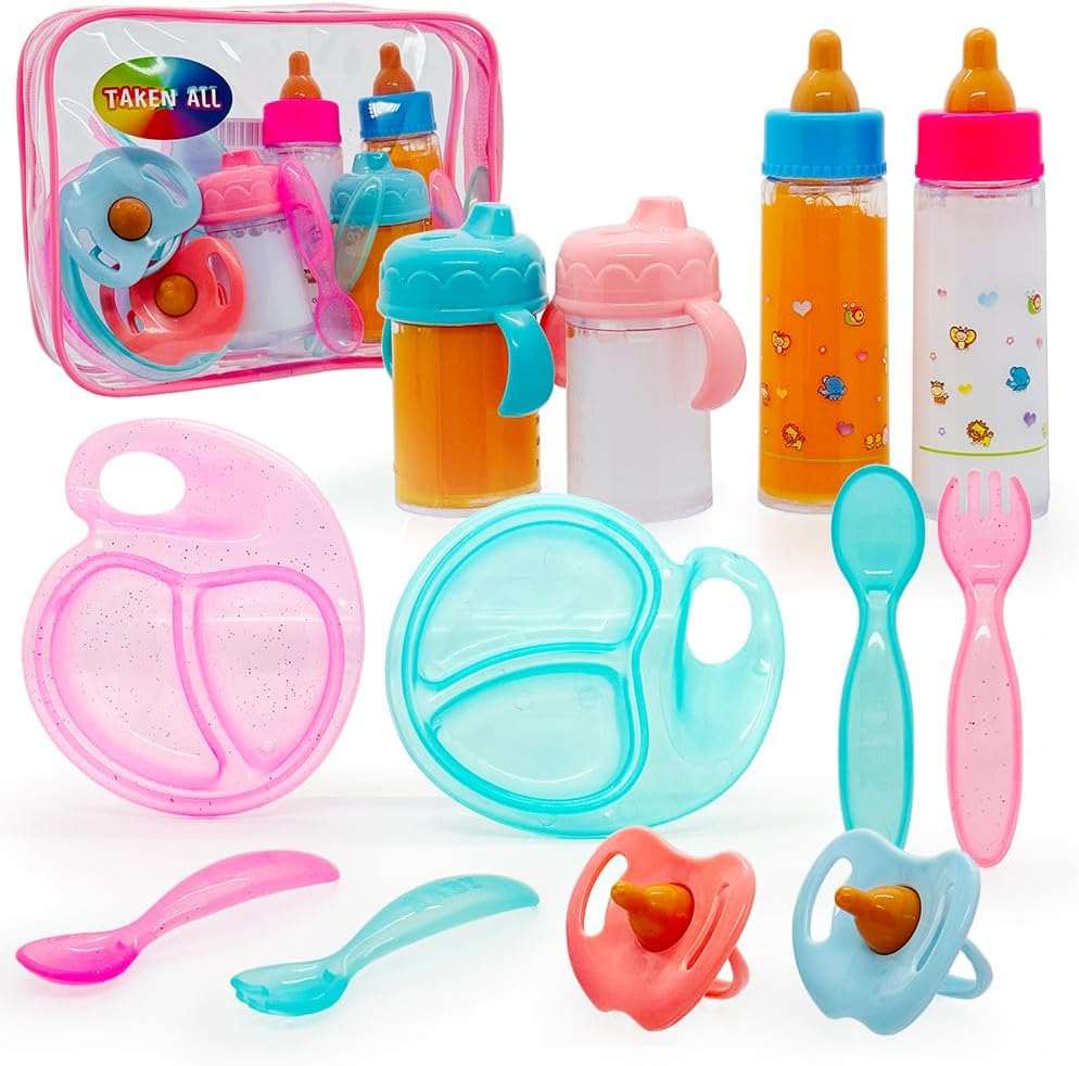 Baby Doll Accessories Magic Bottle set Magic Disappearing Milk Juice Bottles Sippy Cups with Pacifiers Bowl Spoons, Doll Bottle Toys Feeding Pretend Playset for Kids Girls Ages 3+ (Middle set(12pcs))