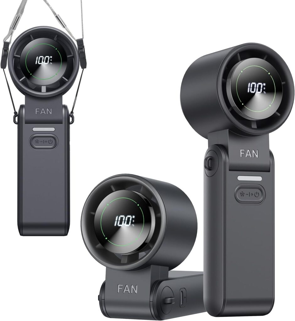 3-in-1 Portable Handheld Turbo Fan-100 Speeds, 13500 RPM, 12Hrs Cooling, Digital Display, 120° Rotation, USB Rechargeable Mini Hand Held Personal Fan for Travel, Makeup, Outdoor, Indoor (Black)