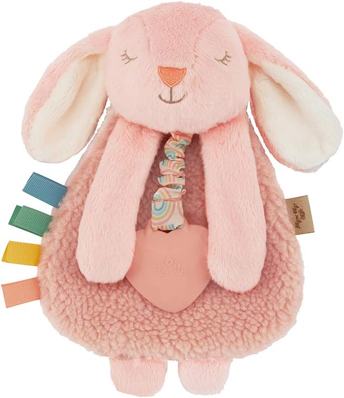 Itzy Ritzy – Itzy Lovey Including Teether – Baby Lovey with Teether, Textured Ribbons & Dangle Arms – Features Crinkle Sound, Sherpa Fabric and Minky Plush (Pink Bunny)