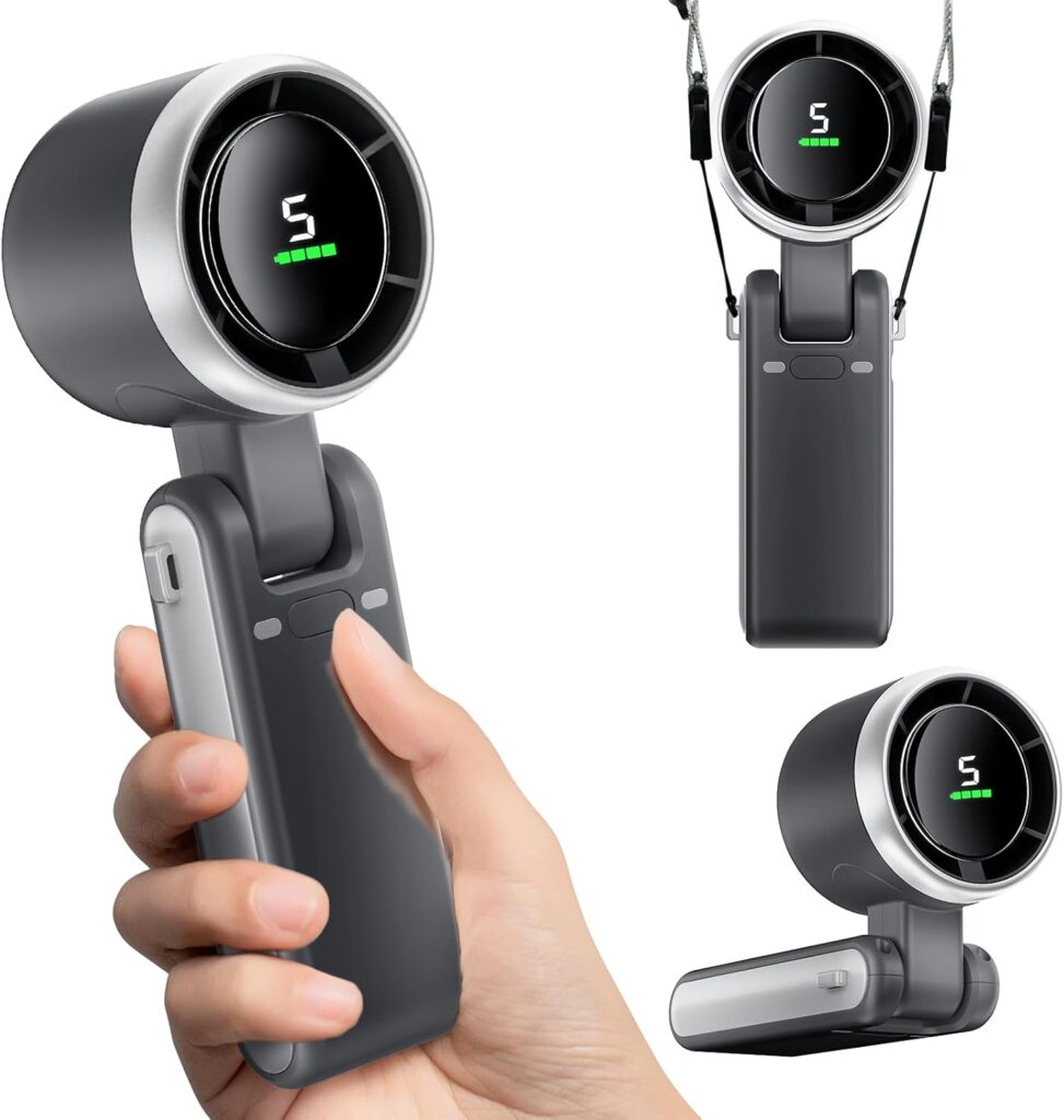 Portable Handheld Mini Fan, Foldable Powerful Winds Turbo Fans, 10000mAh Battery & 50000RPM Speed, USB Rechargeable Personal Fan with 5 Speed, Digital Display For Women Men Travel Camping Outdoor