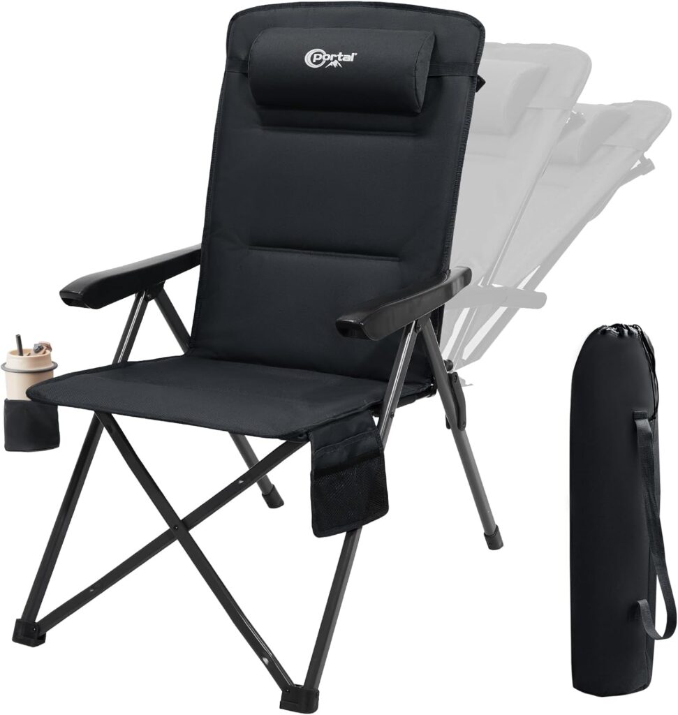 Portal Reclining Camping Chair with Adjustable Back Folding Camp Recliner for Adults Portable High Back Oversized, 400LBS (Black)