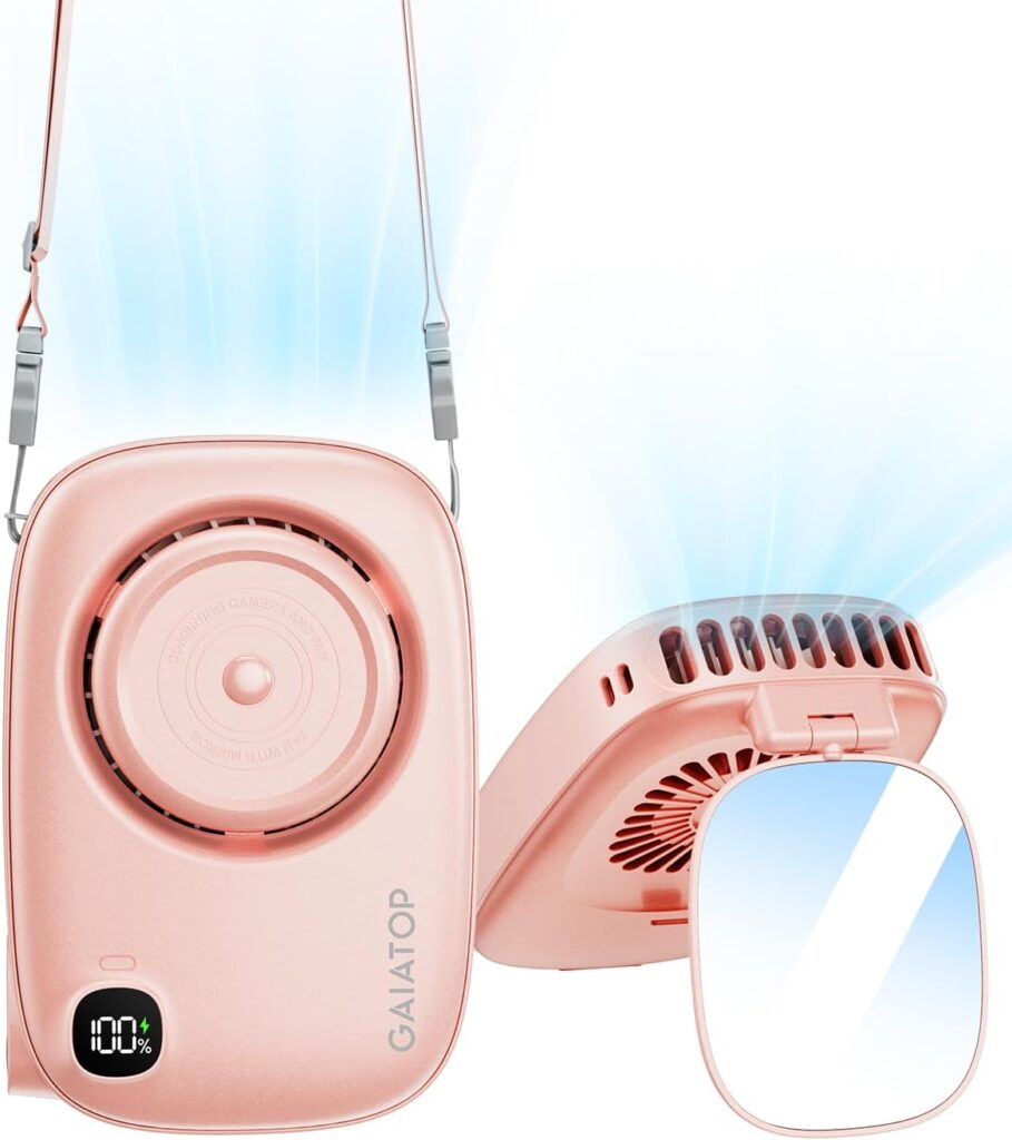 Gaiatop Mini Neck Fan, Rechargeable Handheld Desk Use, LED Power Display 3 Speed 360°Rotate Mirror for Lash Makeup, Cute Camera Design Small Portable USB Fans Personal Cooling Travel Essentials