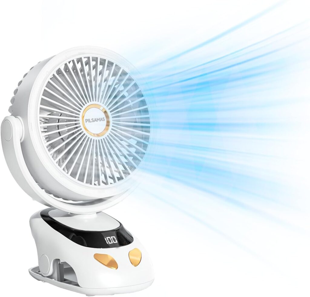 Clip on Fan with LED Light & 10000mAh Battery, 40H, 5-Speed Quiet Desk Fan, Digital Display, 160°H 90°V, Detachable for Camping, Office, Stroller (Baby-Safe, Portable & Rechargeable)