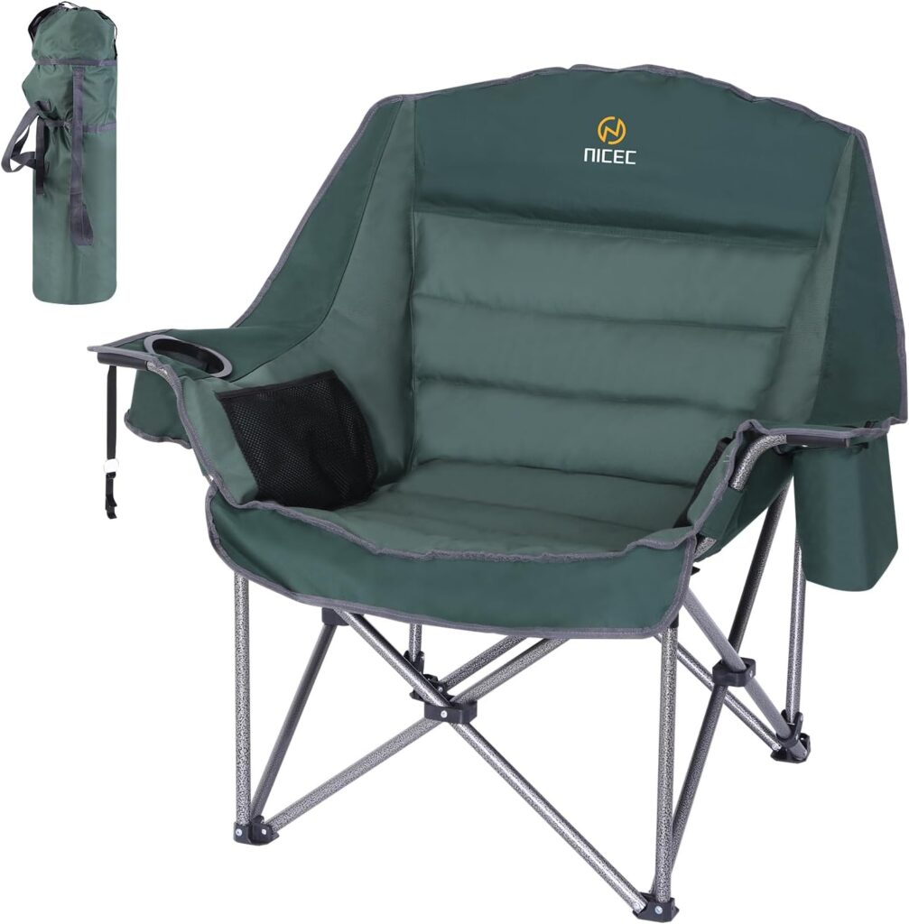 Nice C Camping Chairs, Oversized XL Padded Camping Chair, Outdoor Chair, Camp Chair, Lounge Chair, Wide&Thick, Heavy Duty 400lb, Carry Bag, Cupholder & Cooler (One Green)