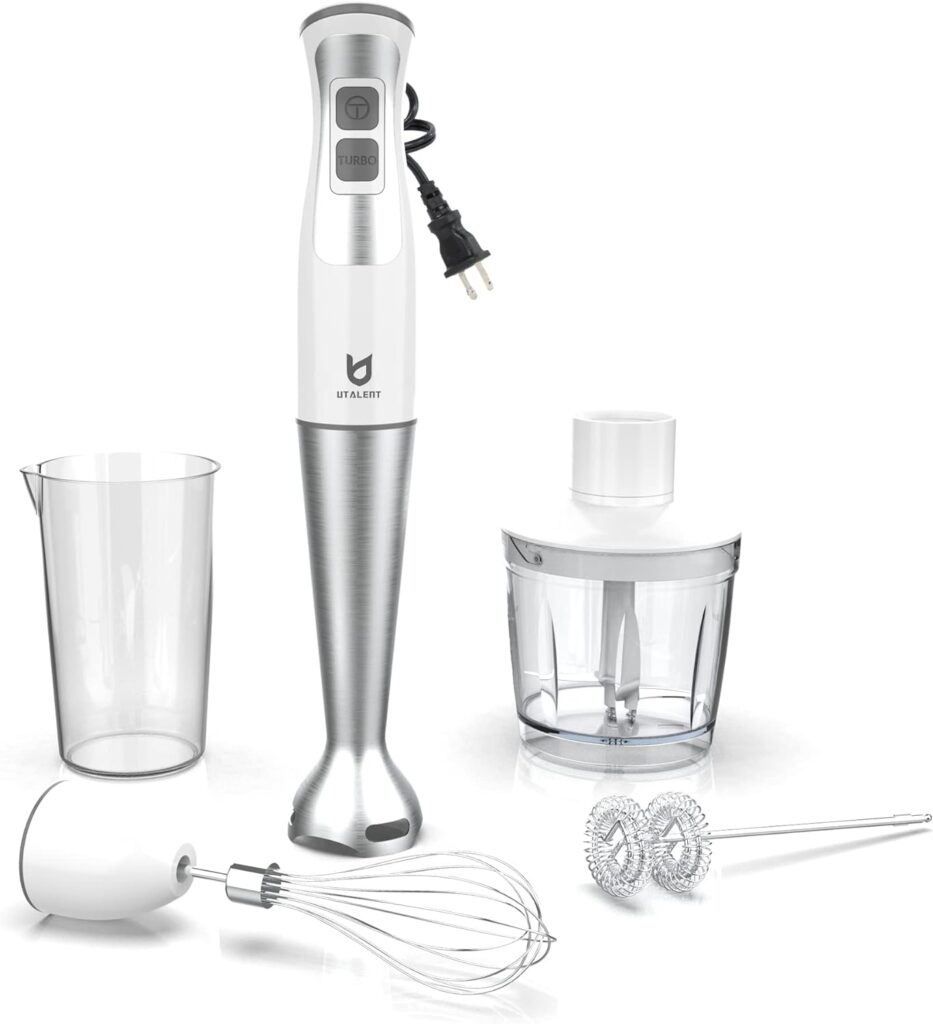 Immersion Hand Blender, UTALENT 5-in-1 8-Speed Immersion Blender with 500ml Food Grinder, 600ml Container,Milk Frother,Egg Whisk,Puree Infant Food, Smoothies, Sauces and Soups – White