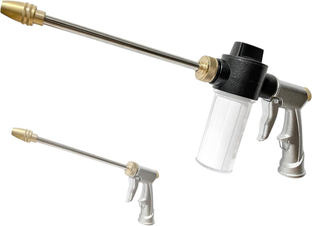 High Pressure Garden Hose Nozzle Sprayer with 3.5oz Plastic Soap Dispenser Bottle, Heavy Duty Car Wash Foam Gun, Adjustable Nozzle for Gardening, Solar Panel Cleaning, Pet Showering (Silver)