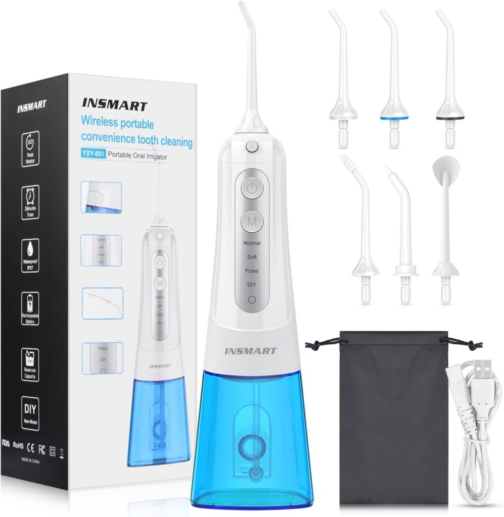 Cordless Water Dental Flosser Teeth Cleaner, INSMART Professional 300ML Tank DIY Mode USB Rechargeable Dental Oral Irrigator for Home and Travel, IPX7 Waterproof 4 Modes Irrigate for Oral Care