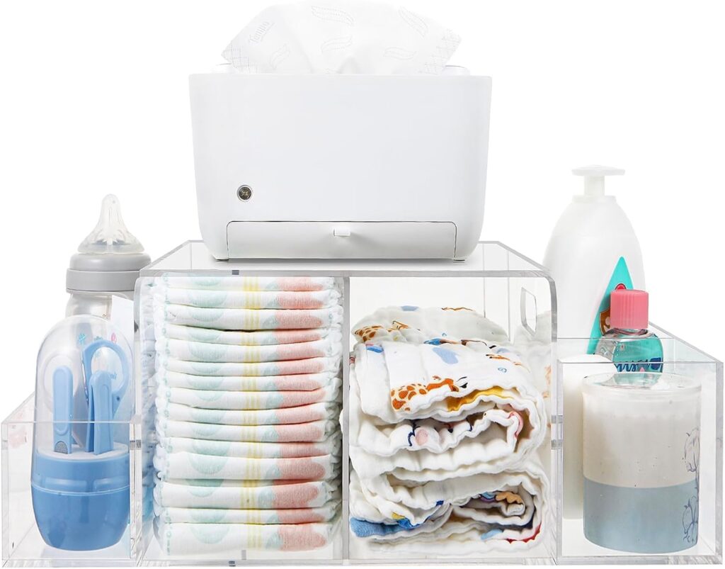 Diaper Caddy Acrylic, Baby Changing Table Organizer, Dresser Tabletop Organizer with 4 Detachable Compartments, Storage for Wipe Dispenser, Anti-slip Rubber Feet, Newborn Baby Essentials, Transparent