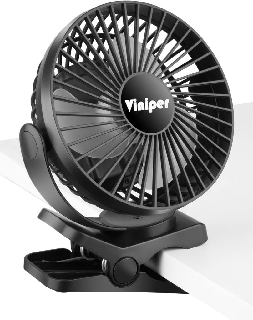 Viniper 6 inch Rechargeable Clip on Fan, 5000mah Battery Desk Fan : 360° Rotation & 3 Speeds Strong Wind Portable Fan, 8-30 Working Hours, Quiet and Powerful (Black)
