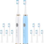OOYY 2 Pack Sonic Electric Toothbrush, Adult Travel Sonic Toothbrush, Built-in 2-Minute Brushing Timer, 5 Brushing Modes, 10 Brush Heads (Blue + White)