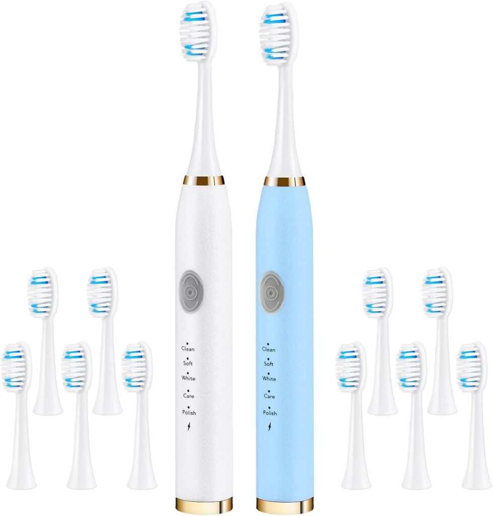 OOYY 2 Pack Sonic Electric Toothbrush, Adult Travel Sonic Toothbrush, Built-in 2-Minute Brushing Timer, 5 Brushing Modes, 10 Brush Heads (Blue + White)
