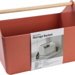 BLUE GINKGO Large Storage Basket – Plastic Caddy with Wooden Handle for Bathroom, Pantry, or Cleaning Supplies (Terracotta)