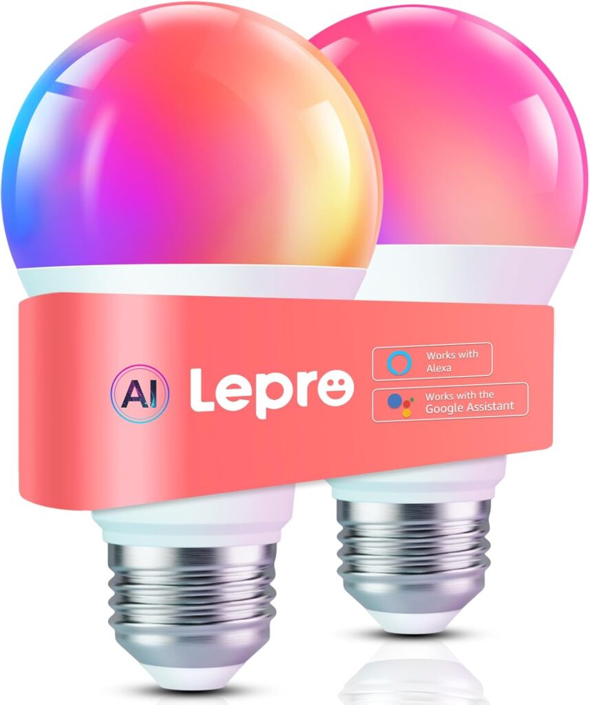 Lepro B1 AI Smart Light Bulbs – WiFi & Bluetooth RGBWW Color Changing LED Bulb Compatible with Alexa & Google Assistant, AI Generated Lighting LLM, AI Voice Control, Music Sync, 2.4GHz Only, 2 Pack