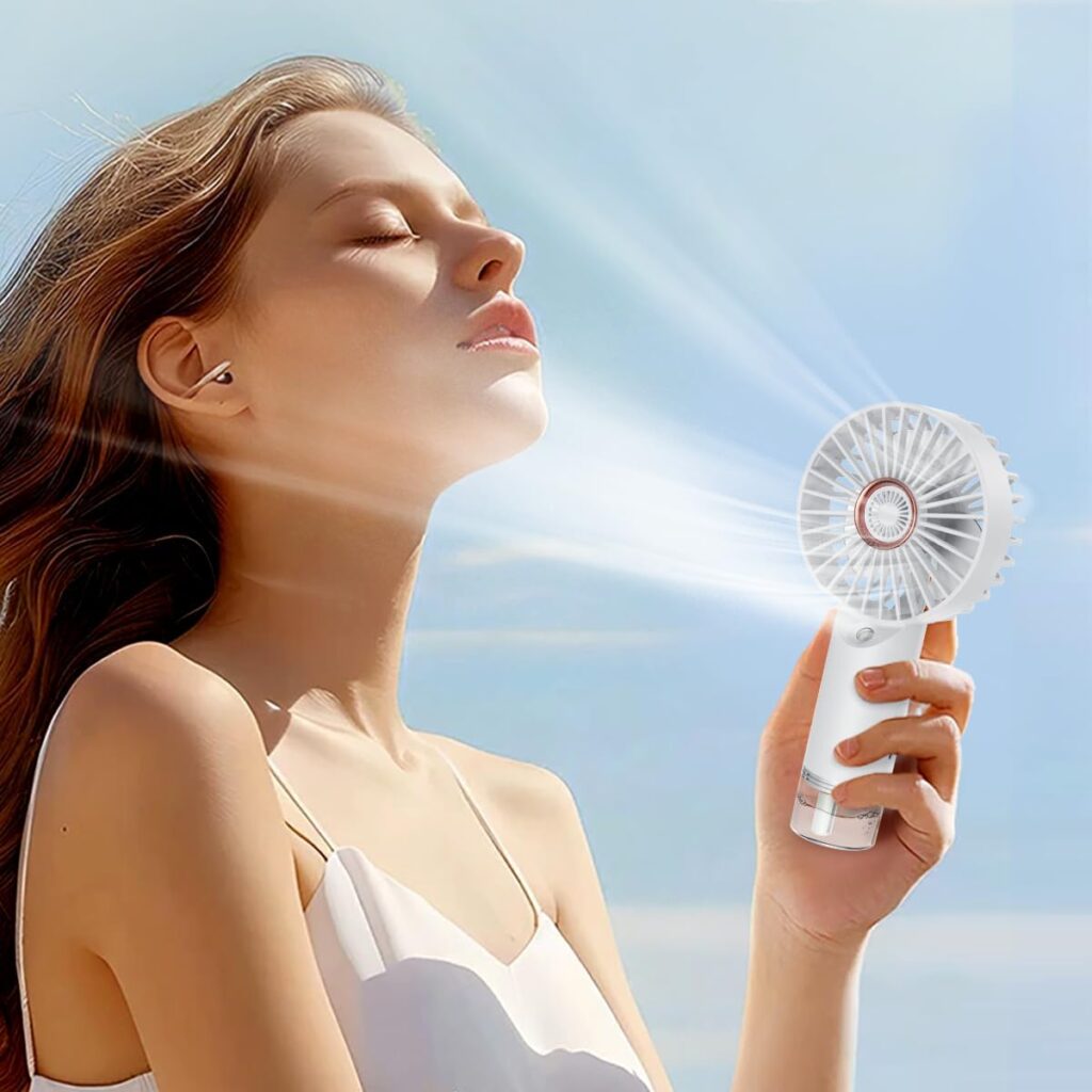 Mini Handheld Fan With Water Mist, Outdoor Portable Misting Fan Rechargeable, Water Spray, Hand Held, 2000mAh Battery Powered, Powerful & Ultra Quiet, for Travel, Sleeping, and Desk, White