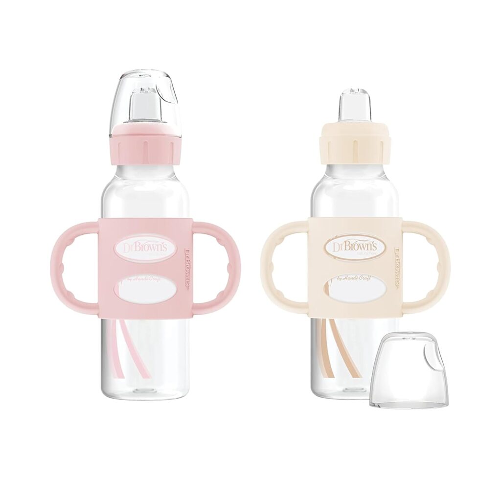 Dr. Brown’s Milestones Narrow Sippy Spout Bottle with 100% Silicone Handles, Easy-Grip Handles with Soft Sippy Spout, 8oz/250mL, Light-Pink & Ecru, 2-Pack, 6m+