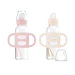 Dr. Brown’s Milestones Narrow Sippy Spout Bottle with 100% Silicone Handles, Easy-Grip Handles with Soft Sippy Spout, 8oz/250mL, Light-Pink & Ecru, 2-Pack, 6m+